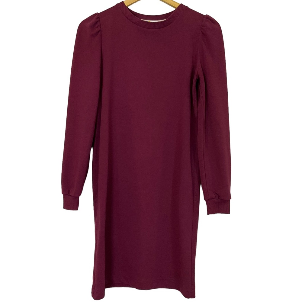Boden Women’s Puff Sleeve Sweatshirt Dress - Burgundy Long Sleeve Stretc…